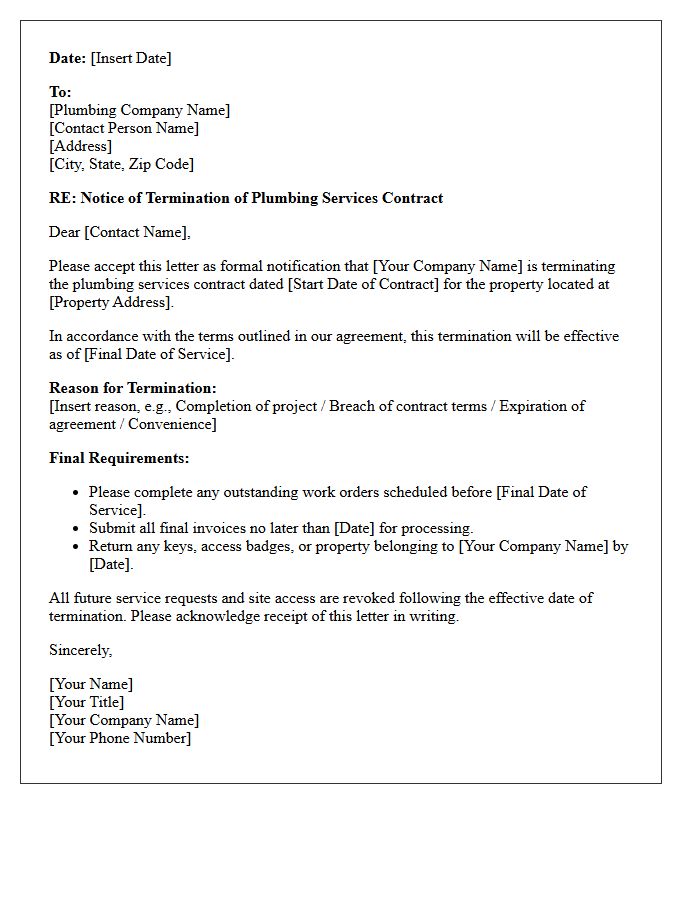 Plumbing Contractor Vendor Contract Termination Letter