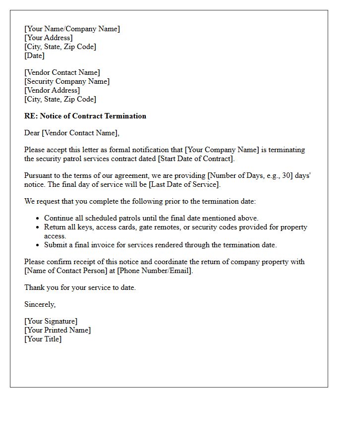 Security Patrol Vendor Contract Termination Letter