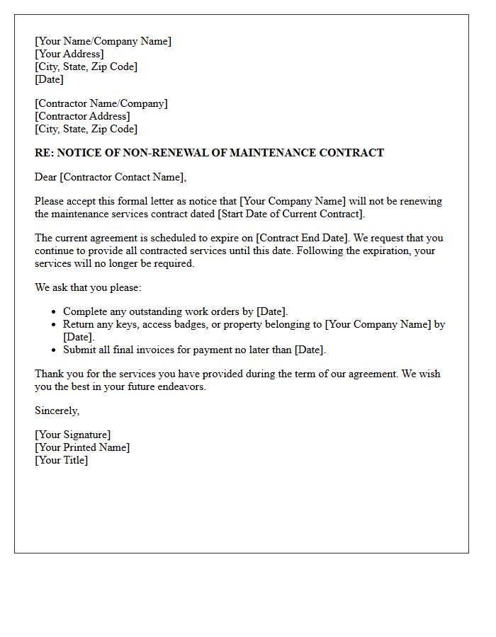 General Maintenance Contractor Non-Renewal Notice Letter