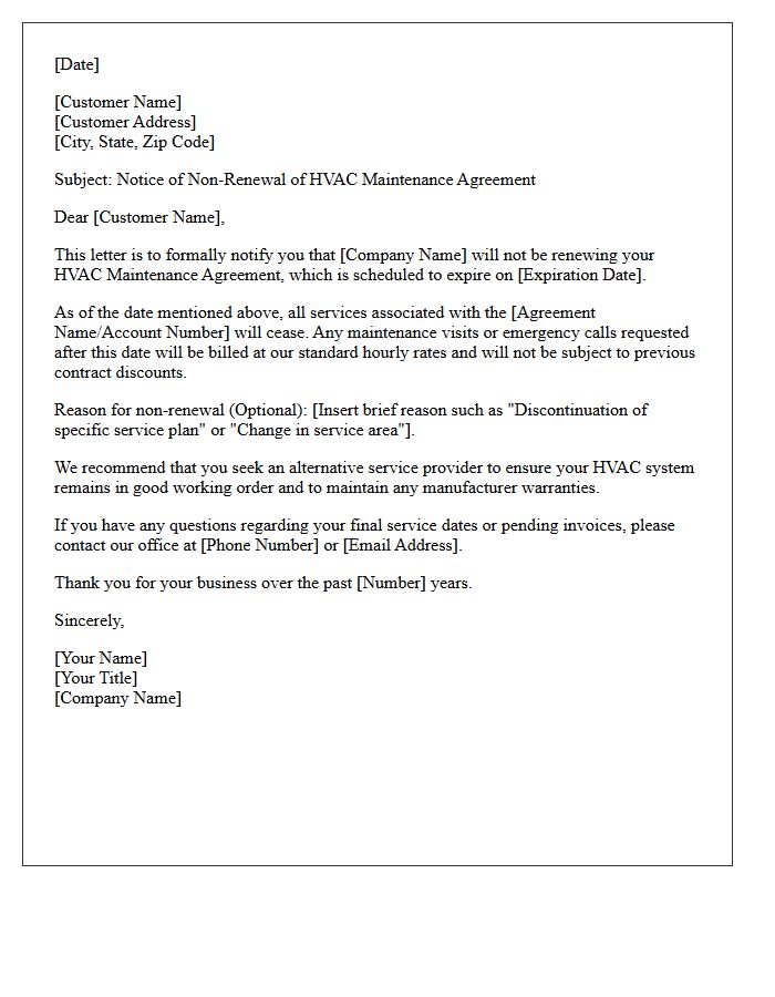HVAC Maintenance Agreement Non-Renewal Notice Letter