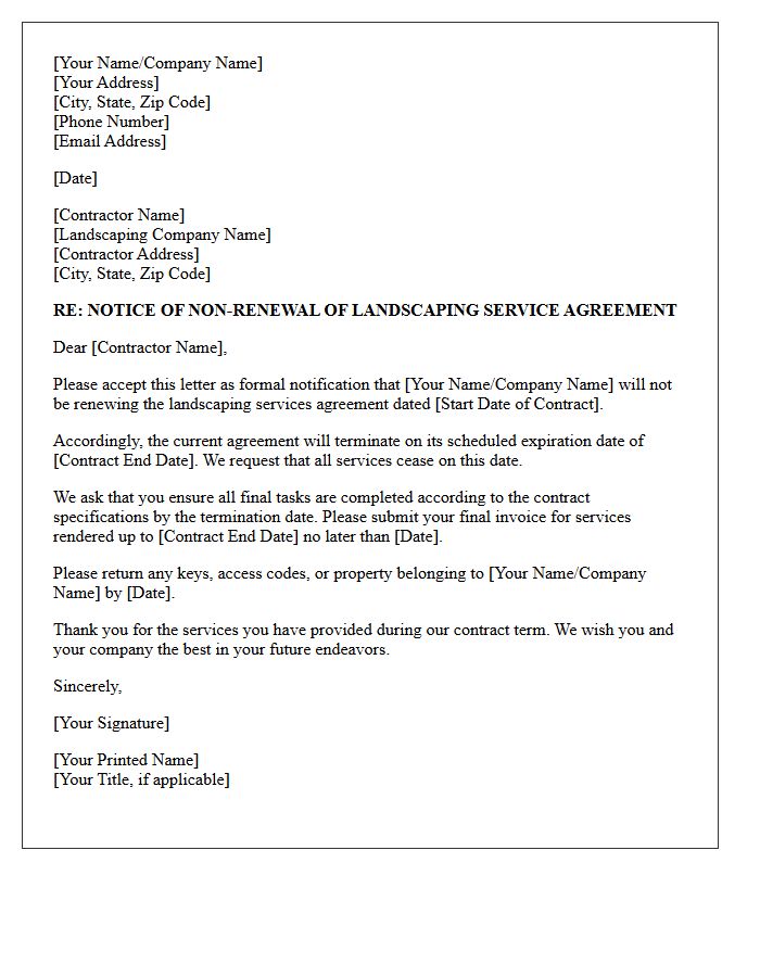 Landscaping Contractor Agreement Non-Renewal Notification Letter