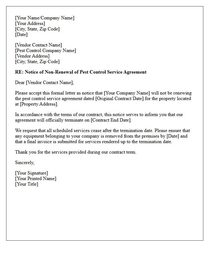 Pest Control Vendor Agreement Non-Renewal Letter