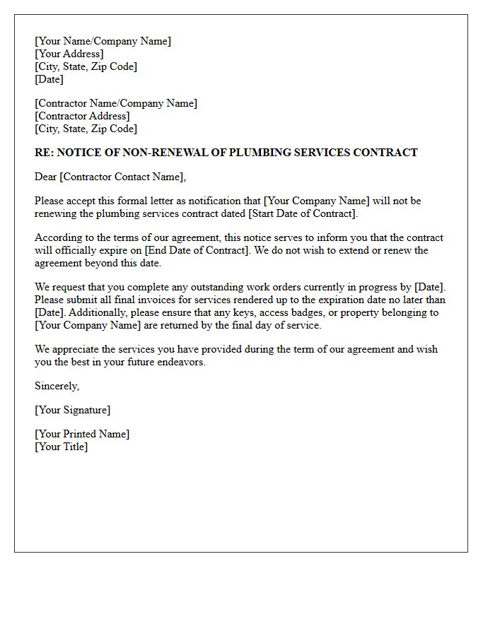 Plumbing Services Contractor Non-Renewal Notification Letter
