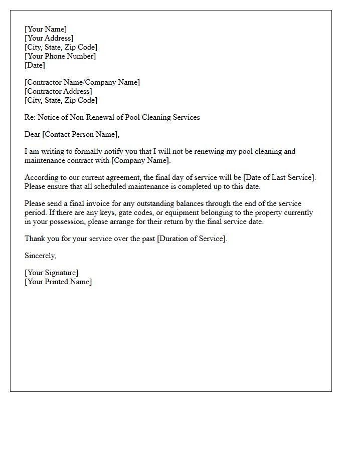 Pool Cleaning Contractor Service Non-Renewal Letter