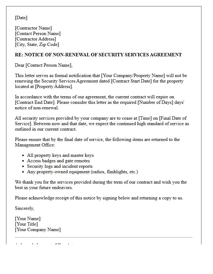 Property Security Services Contractor Non-Renewal Letter