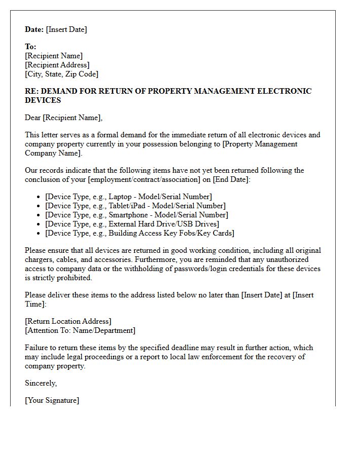 Demand for Return of Property Management Electronic Devices Letter