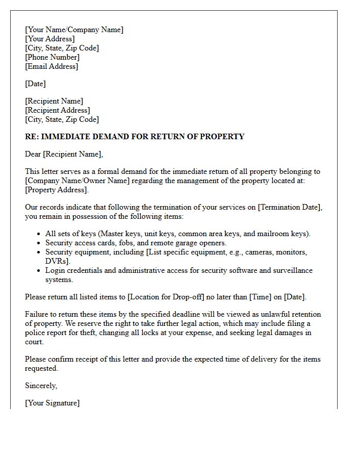 Demand for Return of Property Management Keys and Security Equipment Letter