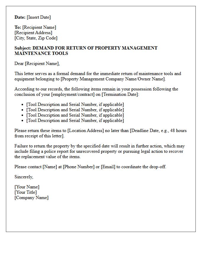 Demand for Return of Property Management Maintenance Tools Letter