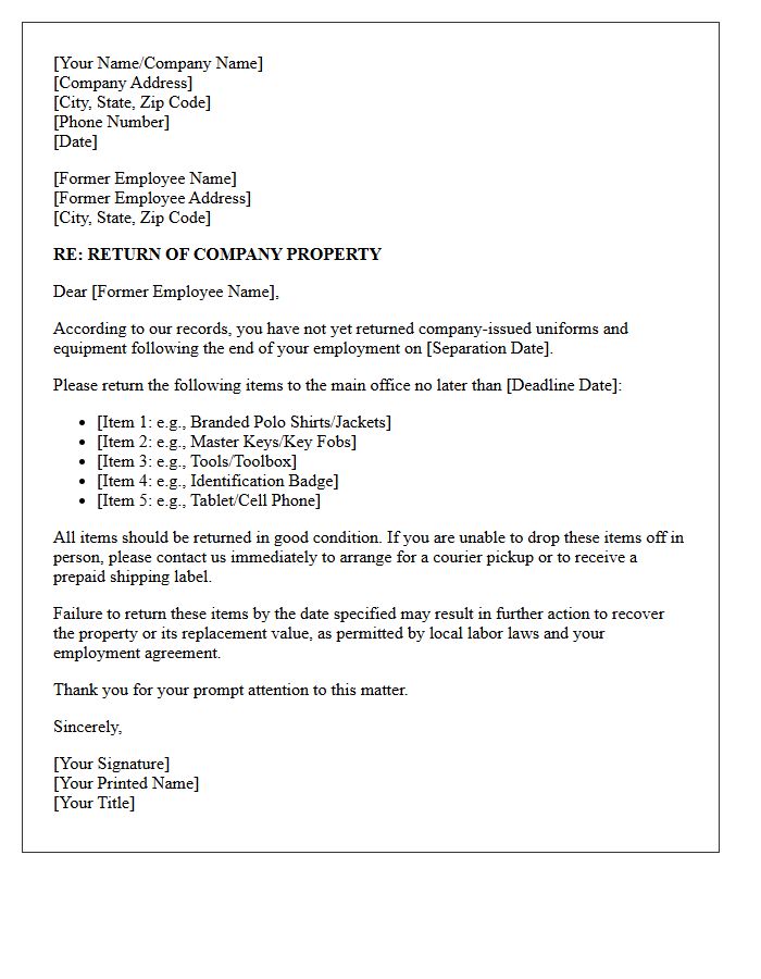 Demand for Return of Property Management Uniforms and Equipment Letter