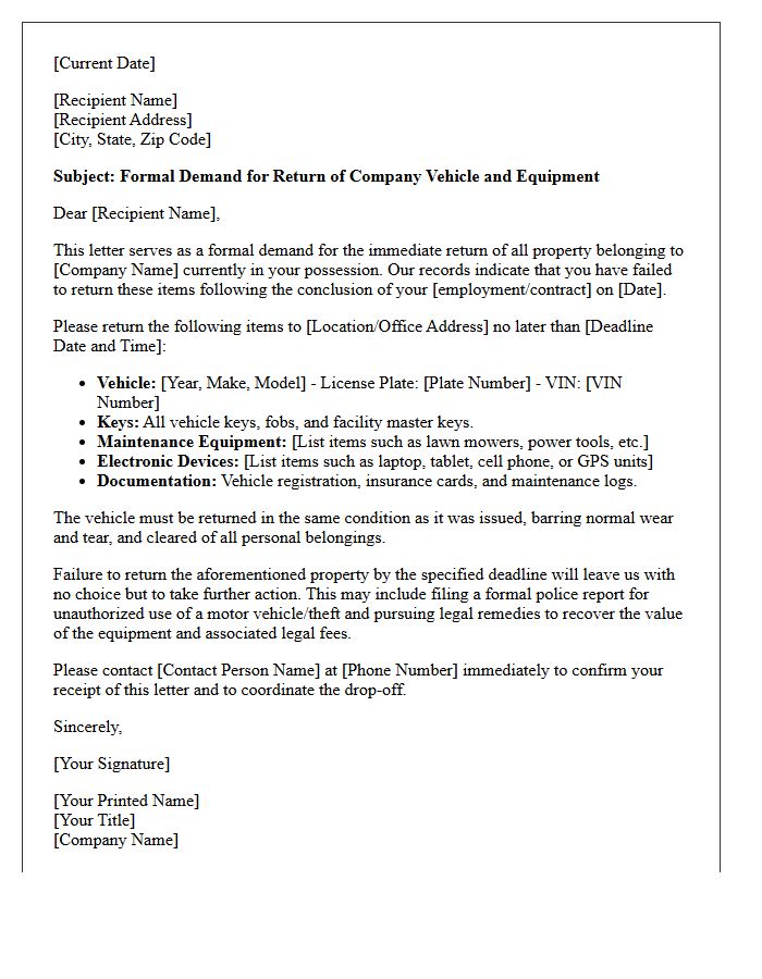 Demand for Return of Property Management Vehicle and Equipment Letter