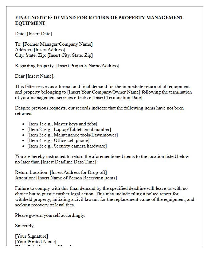 Final Notice Demand for Return of Property Management Equipment Letter