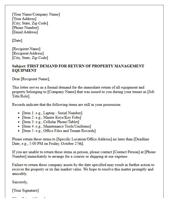 First Demand for Return of Property Management Equipment Letter