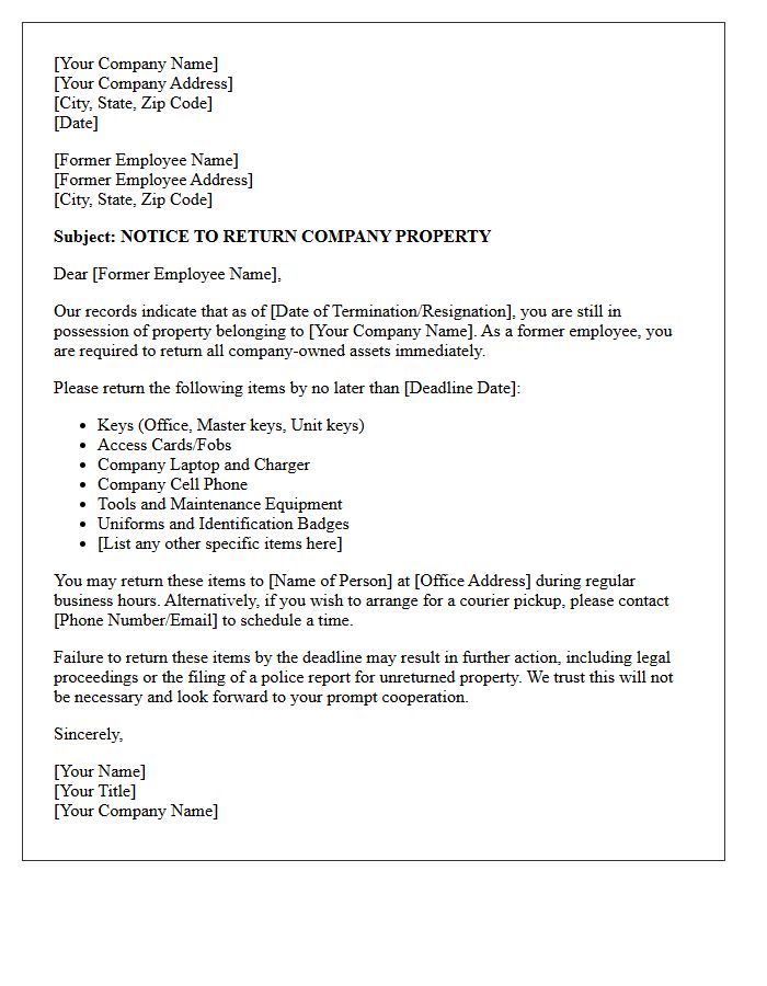 Former Employee Demand for Return of Property Management Equipment Letter