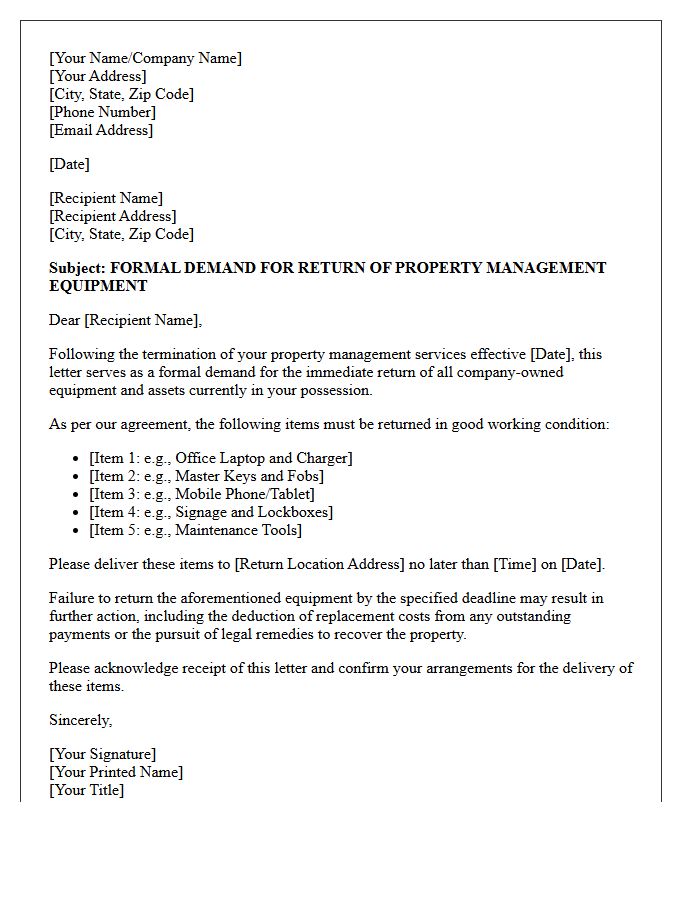 Post-Termination Demand for Return of Property Management Equipment Letter