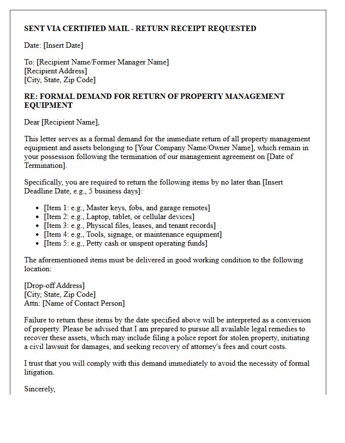 Pre-Litigation Demand for Return of Property Management Equipment Letter