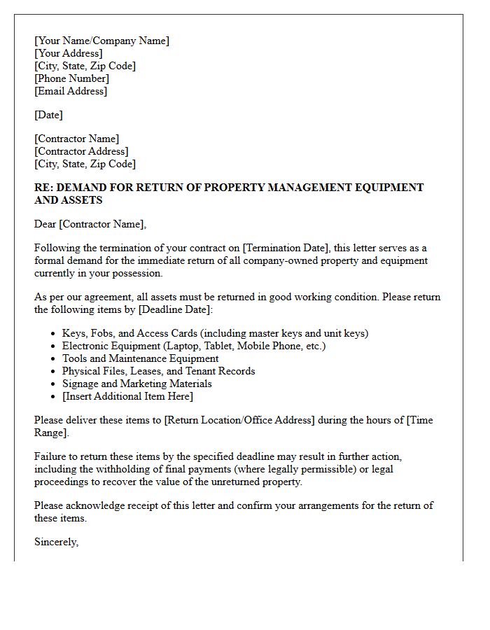 Terminated Contractor Demand for Return of Property Management Equipment Letter
