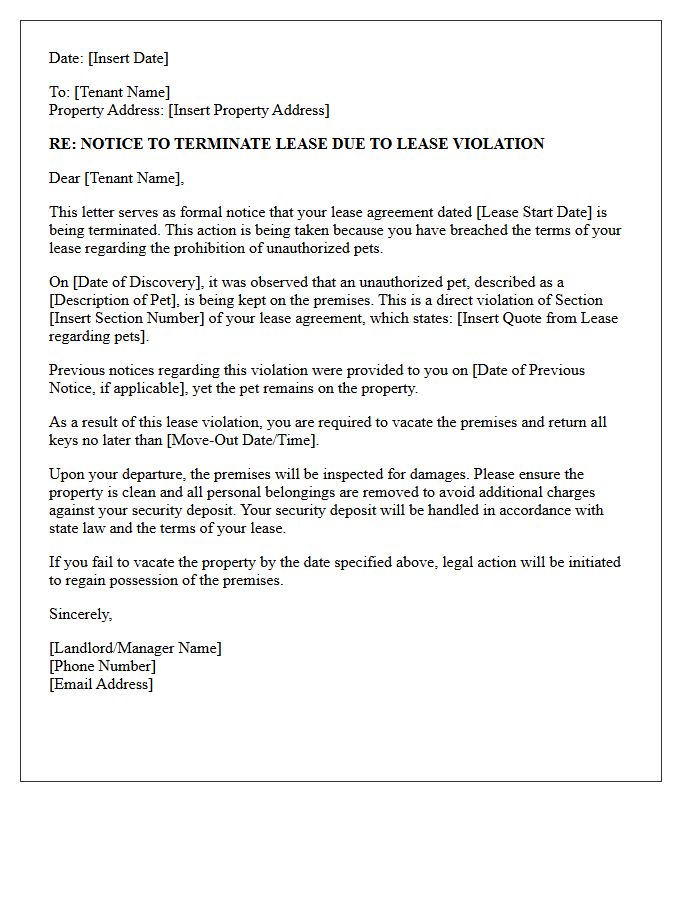 Lease Termination Letter for Unauthorized Pets