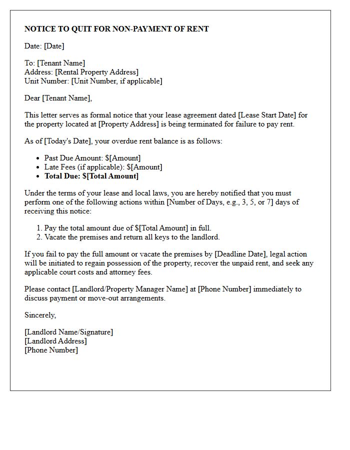 Notice of Lease Termination Letter for Non-Payment of Rent
