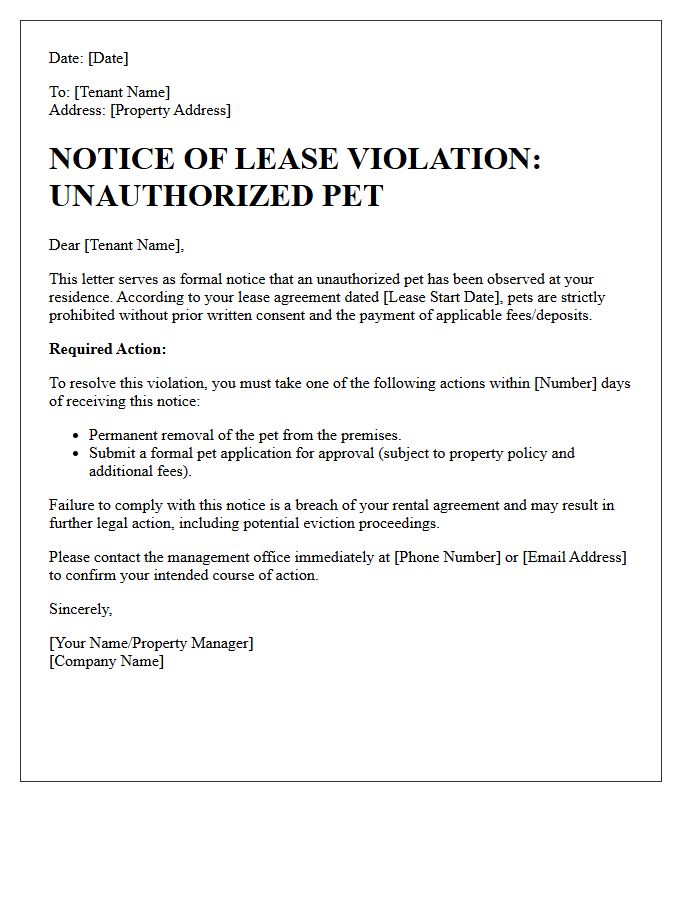 Action Required Letter for Unauthorized Pet Discovery