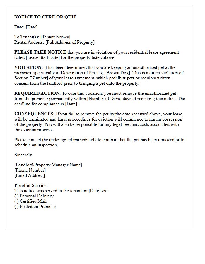 Cure or Quit Letter for Unauthorized Pet Violation