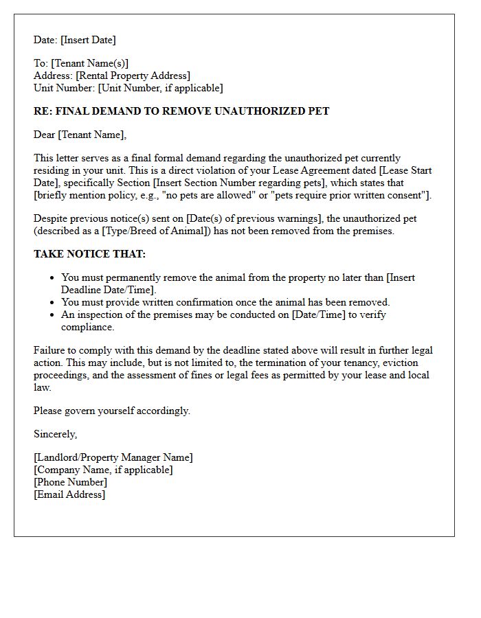 Final Demand Letter to Remove Unauthorized Pet