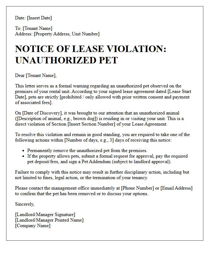 First Warning Letter for Unauthorized Pet Violation