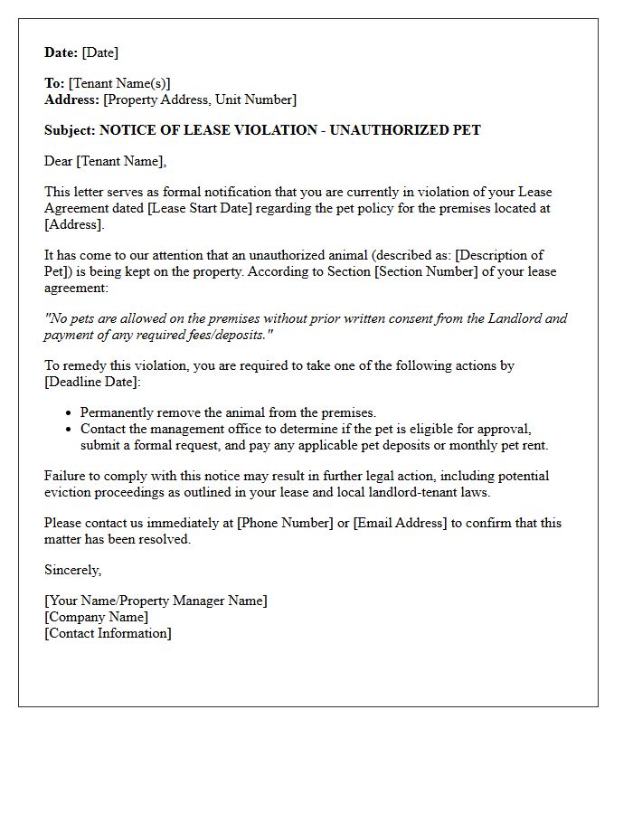 Initial Notification Letter of Unauthorized Pet Policy Breach
