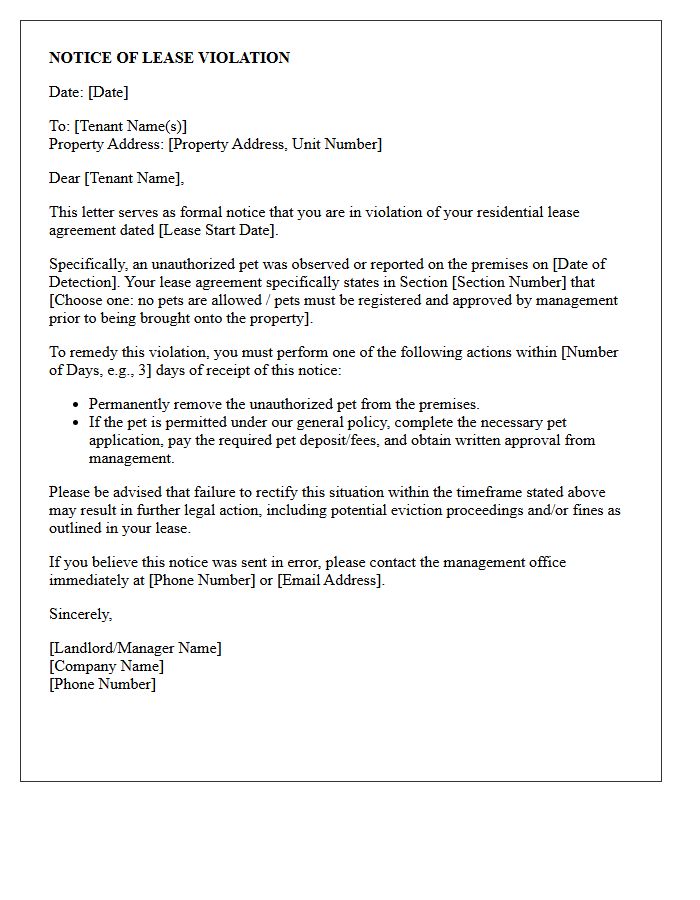 Lease Violation Letter for Unauthorized Pet Detection