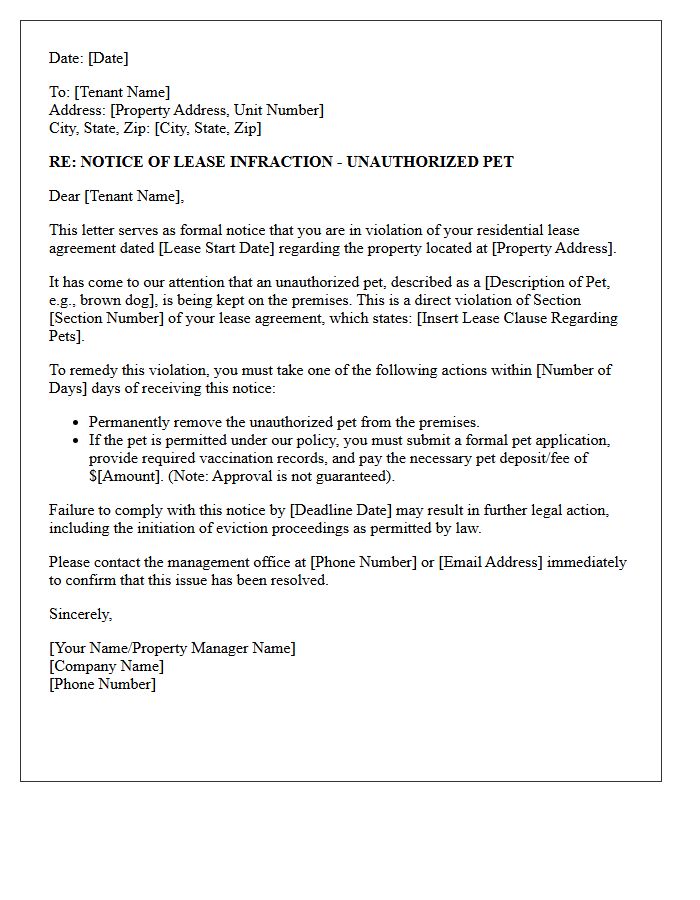 Notice of Lease Infraction Letter for Unauthorized Pet