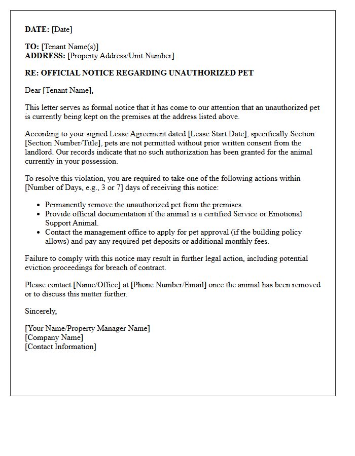 Official Notice Letter Regarding Unauthorized Pet on Premises