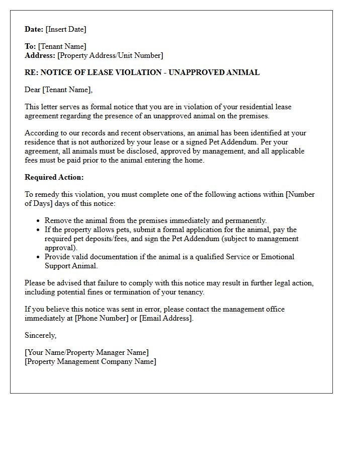 Property Management Letter for Unapproved Animal Violation