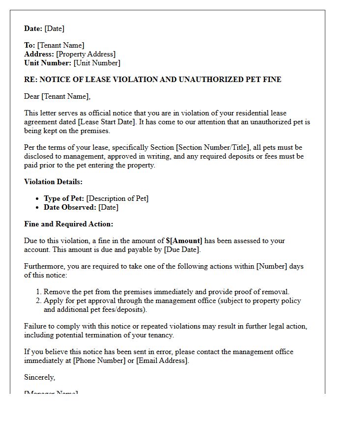 Property Manager Letter Detailing Unauthorized Pet Fine