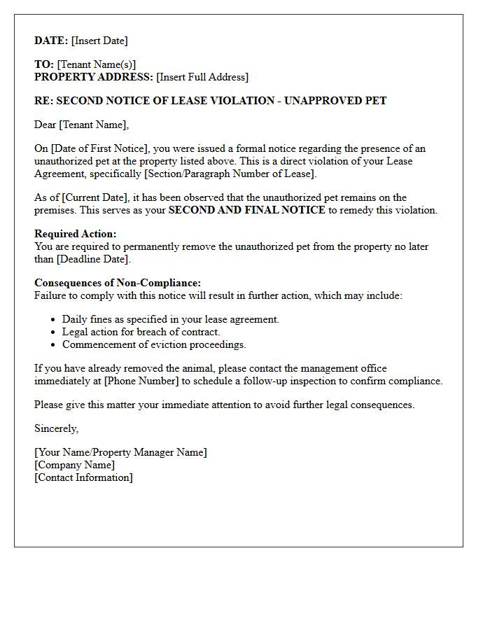 Second Violation Letter for Unapproved Pet on Property