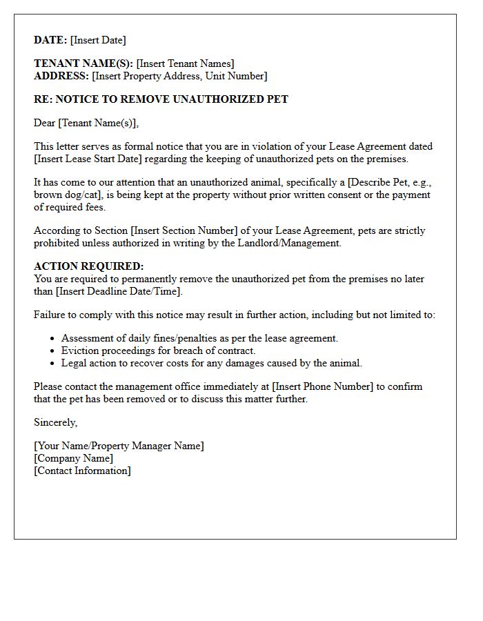 Tenant Compliance Letter for Unauthorized Pet Removal