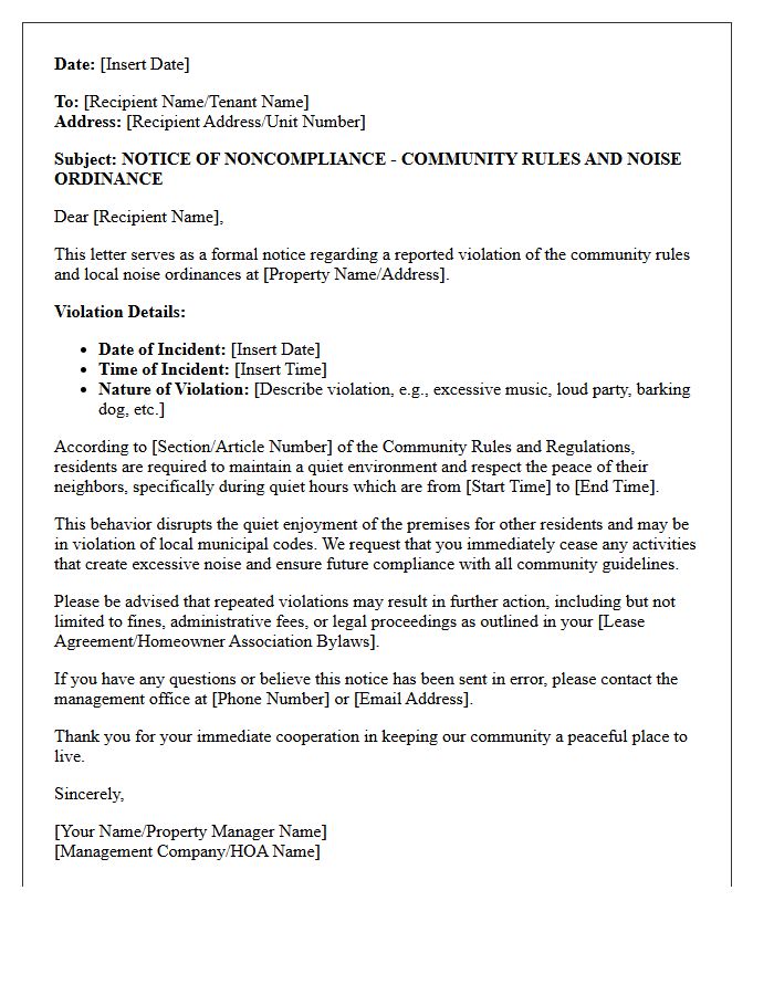 Community Rules and Noise Ordinance Noncompliance Letter
