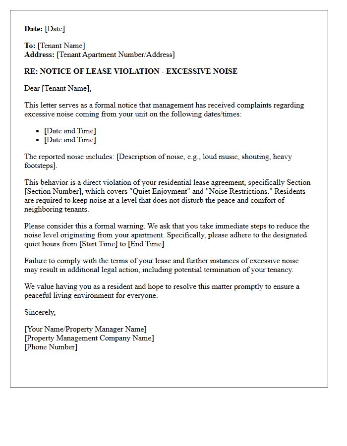 Excessive Noise Complaint and Lease Violation Letter
