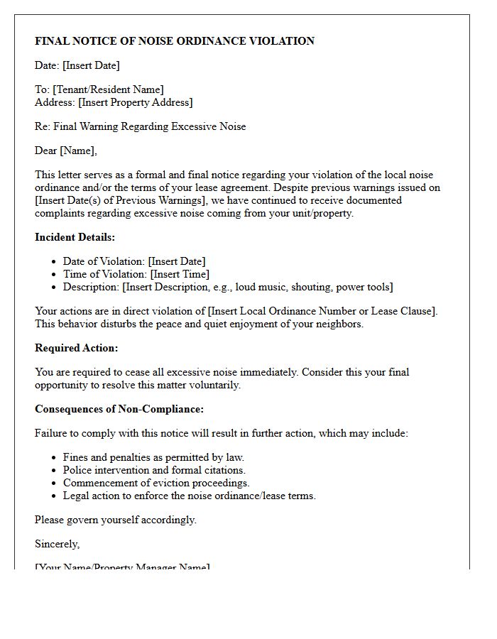 Final Notice of Noise Ordinance Violation Letter