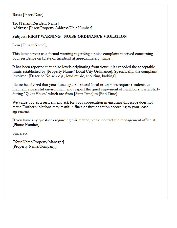 First Warning Noise Ordinance Violation Letter