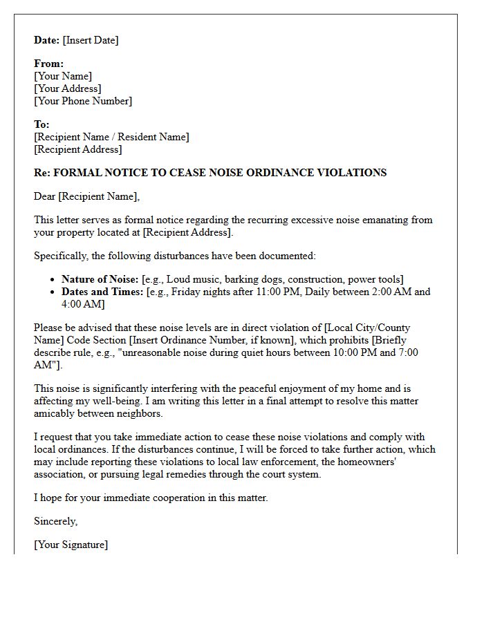 Formal Notice to Cease Noise Ordinance Violations Letter