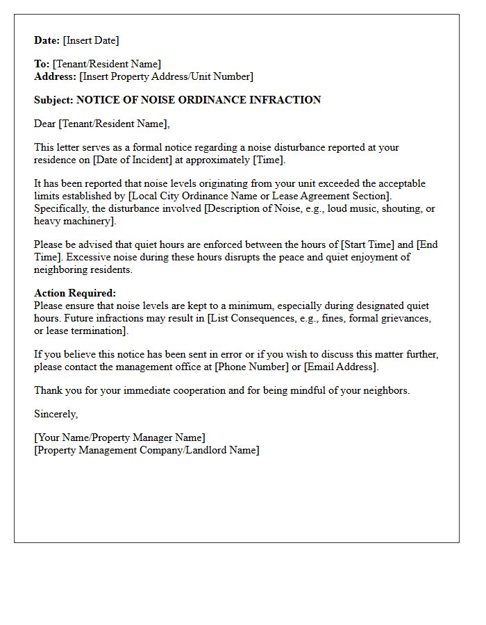 Late Night Noise Ordinance Infraction Notice Letter