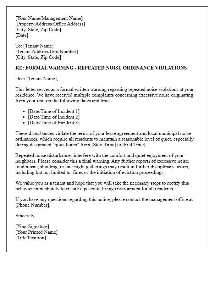 Letter of Warning for Repeated Noise Ordinance Violations