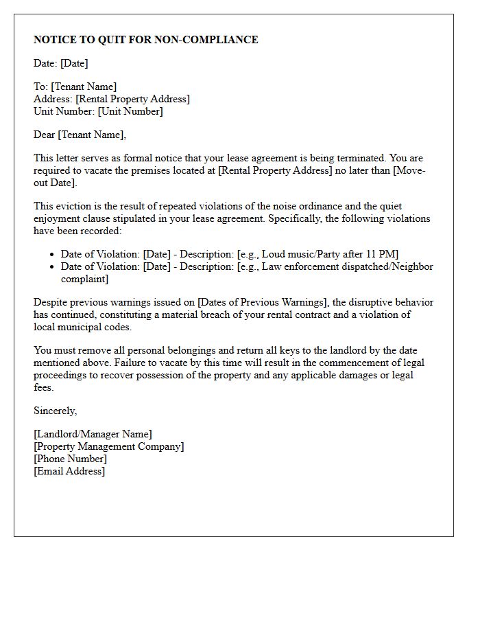 Notice of Eviction Due to Noise Ordinance Violation Letter