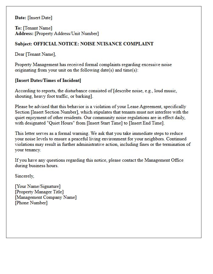 Official Property Management Noise Nuisance Warning Letter