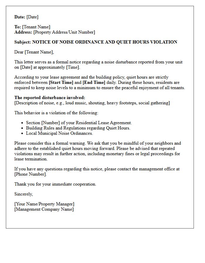 Quiet Hours Policy and Noise Ordinance Violation Letter