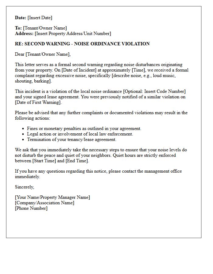 Second Warning Noise Ordinance Violation Letter