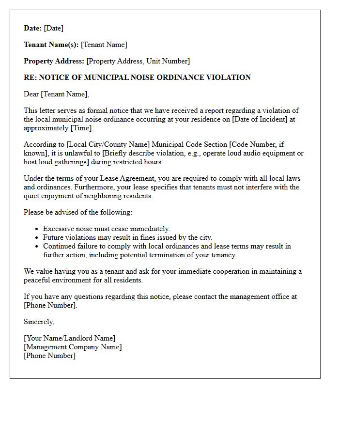 Tenant Notice of Municipal Noise Ordinance Violation Letter