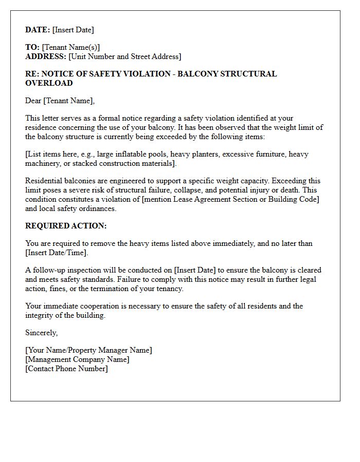 Balcony Structural Overload Safety Violation Letter