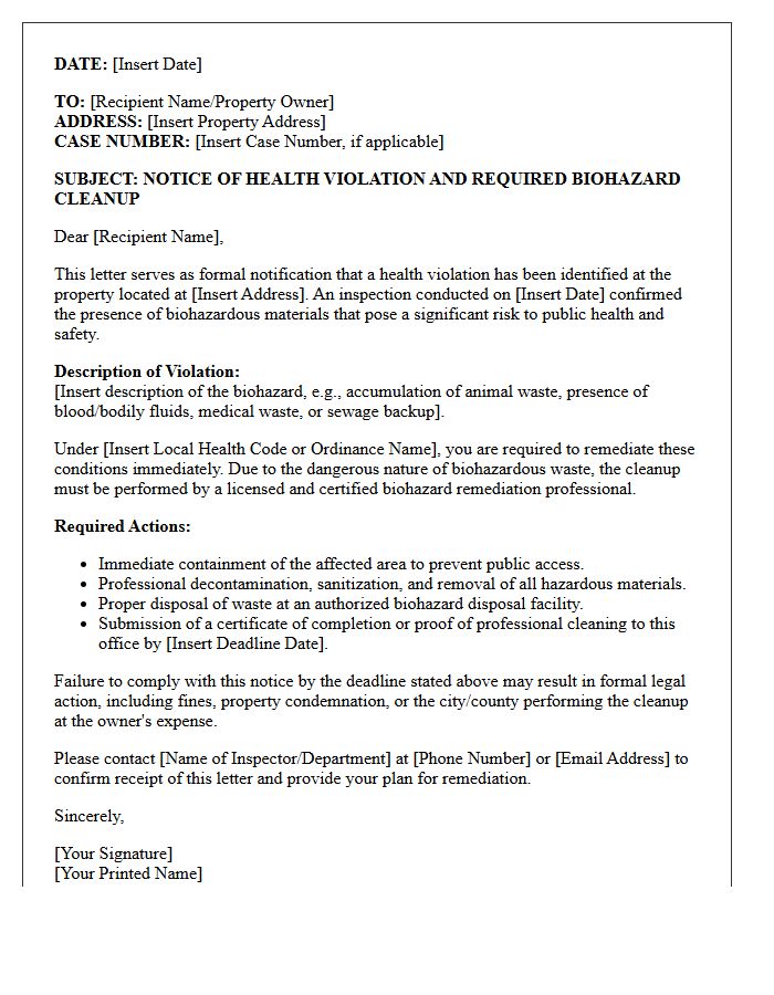 Biohazard Cleanup Requirement Health Violation Letter