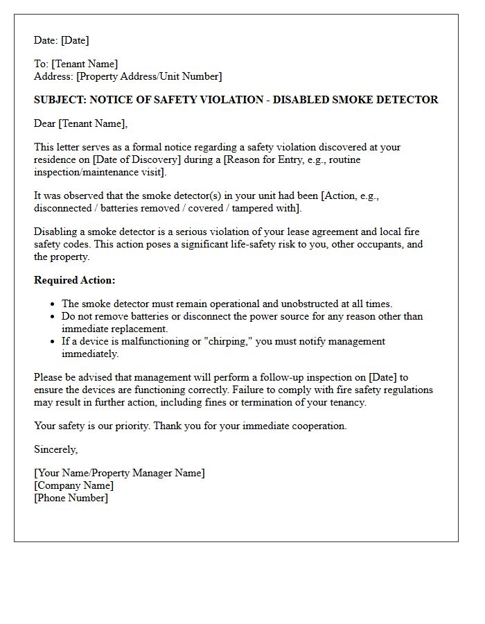Disabled Smoke Detector Safety Violation Letter