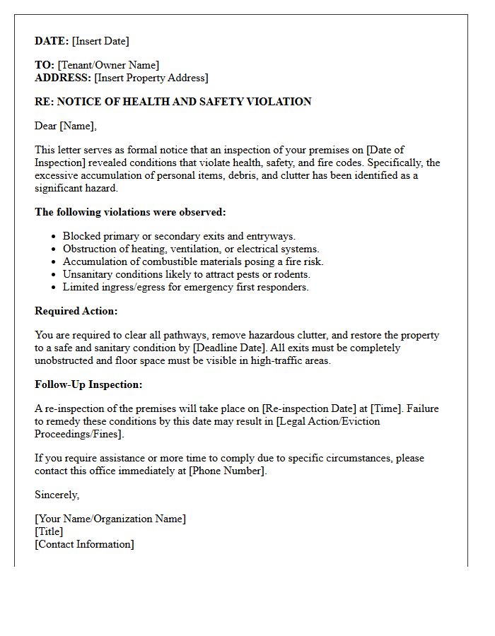 Excessive Clutter and Hoarding Health Violation Letter